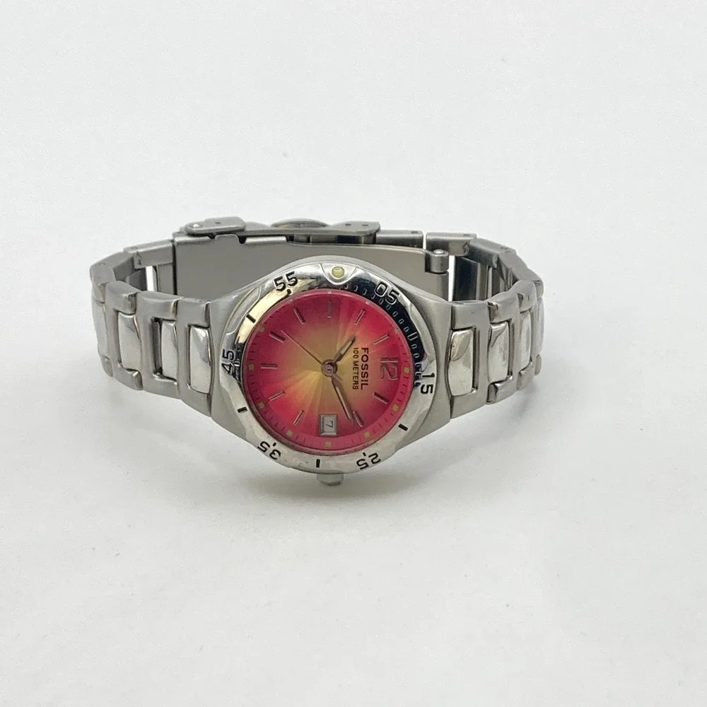 Fossil Women's Watch 28mm Silver Tone Red Yellow Ombre Date New Battery SMALL 6